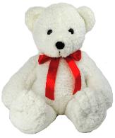 white teddy bear with red ribbon
